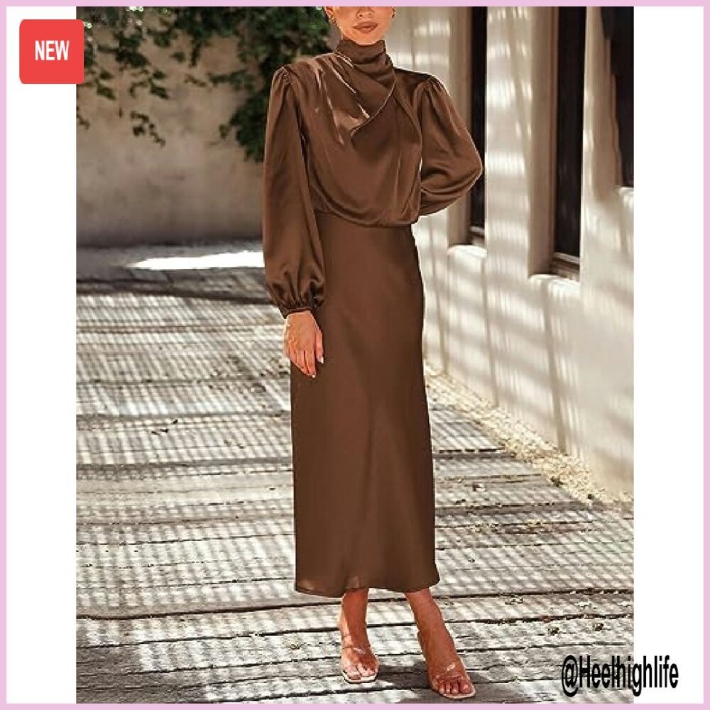 Mock Neck Satin Maxi Dress Long Sleeve Formal Evening Party Gown - Picture 6 of 8